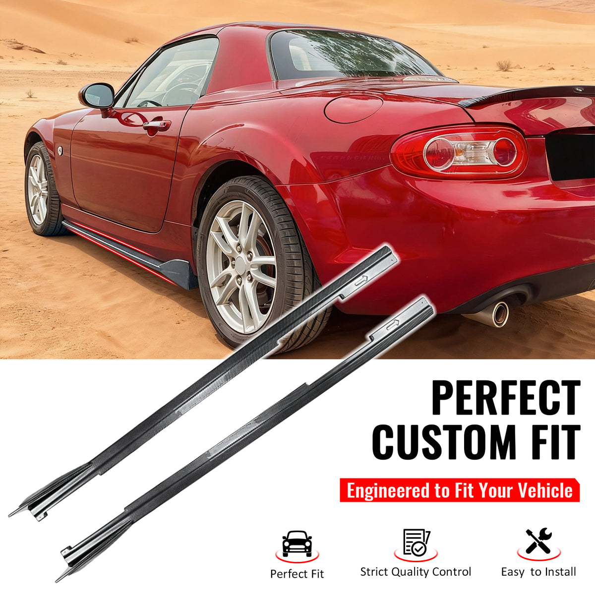 IKON MOTORSPORTS, Side Skirts Extension Compatible with 2009-2015 Mazda MX-5 Miata, IKON Style Carbon Fiber Print ABS Add On Rocker Panel Splitter Side Underbody Spoiler 2PCS