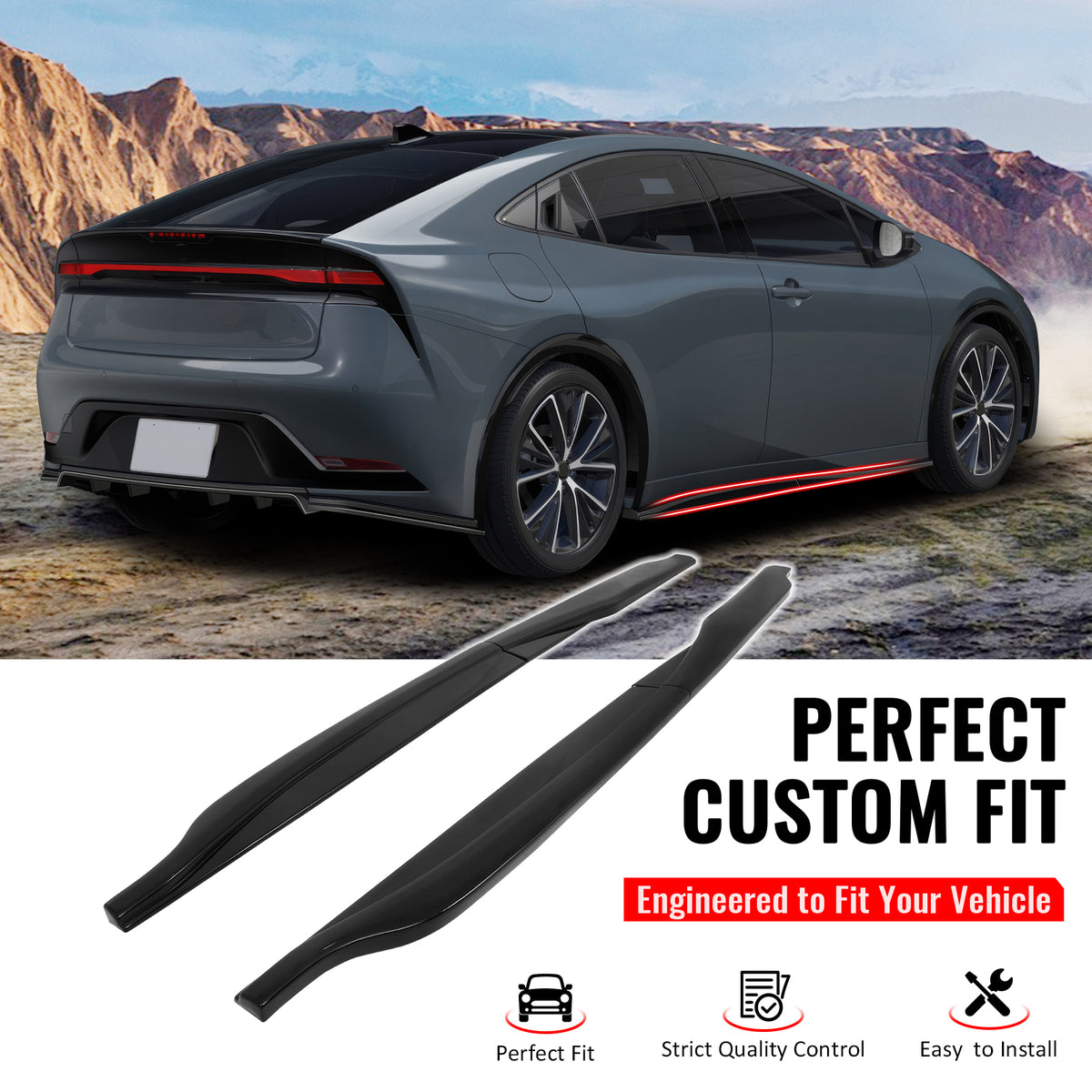 IKON MOTORSPORTS, Side Skirts Extension Compatible with Fits 2023-2026 Toyota Prius & Prius Prime, AR Style ABS Gloss Black Rocker Panel Splitter Side Underbody Spoiler 4PCS