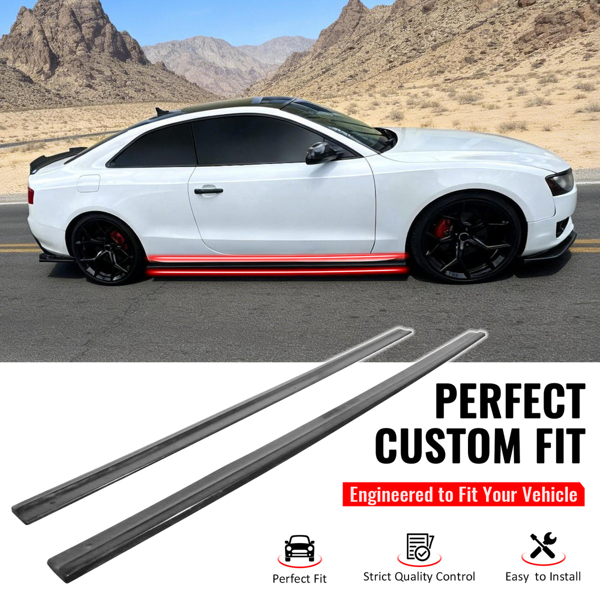 IKON MOTORSPORTS, Side Skirts Extention Compatible with 2008-2017 Audi S5 / A5 / A5 S-Line, Unpainted Black PU MX Style Rocker Panel Bottom Line Lip Splitter 2PCS