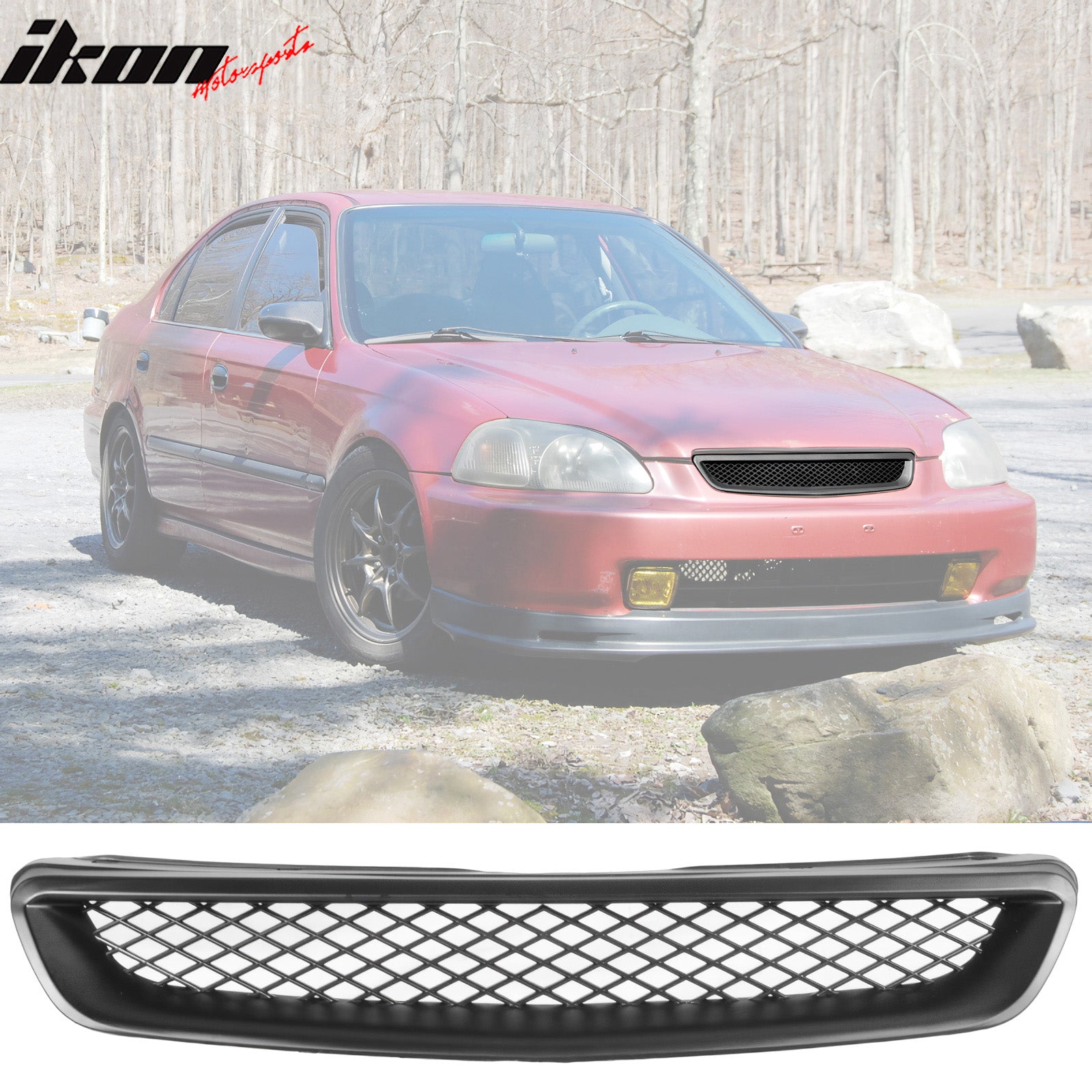 Fit 96-98 Honda Civic Front + Rear Bumper Lip + Front Grille + 4PC Window Visors