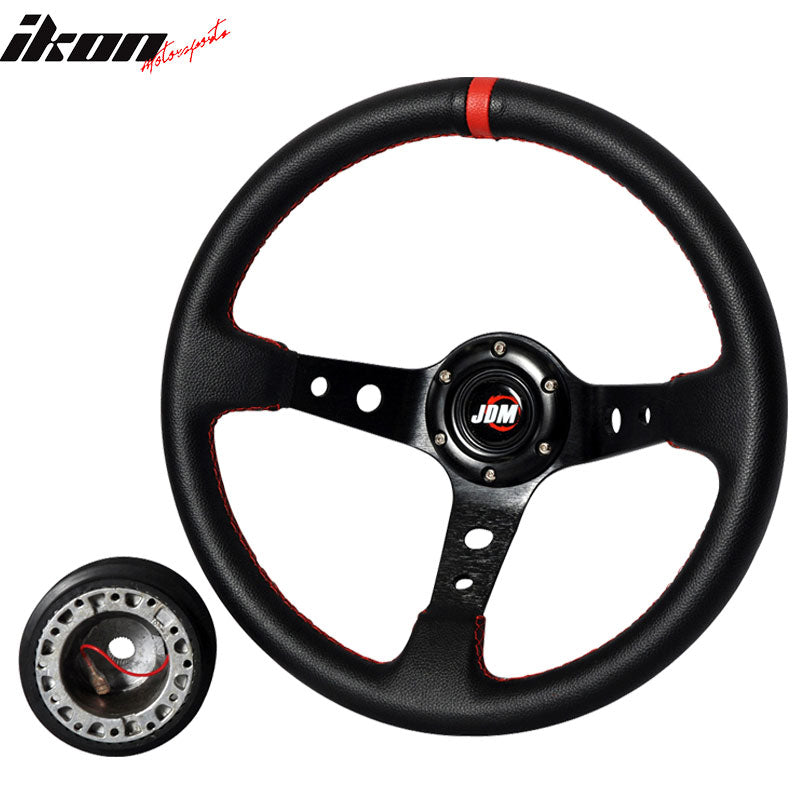 Black W/ Red Stitch Racing Steering Wheel 350MM + JDM Hub Adapter