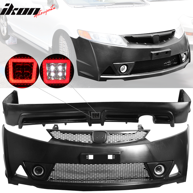IKON MOTORSPORTS, Front Full Bumper Cover with Fog Lights + Rear Bumper Lip with Brake Light Compatible With 2006-2011 Honda Civic Sedan