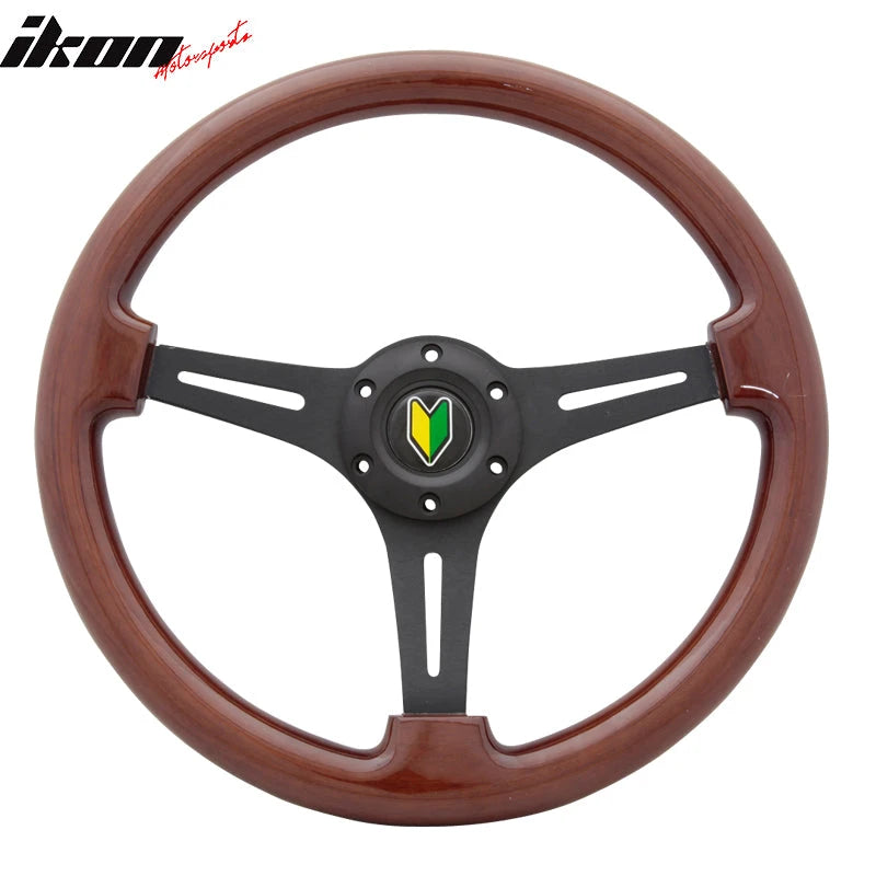 Universal Wood Grain 6-Bolt Wooden Steering Wheel 350MM & BD Logohorn Button