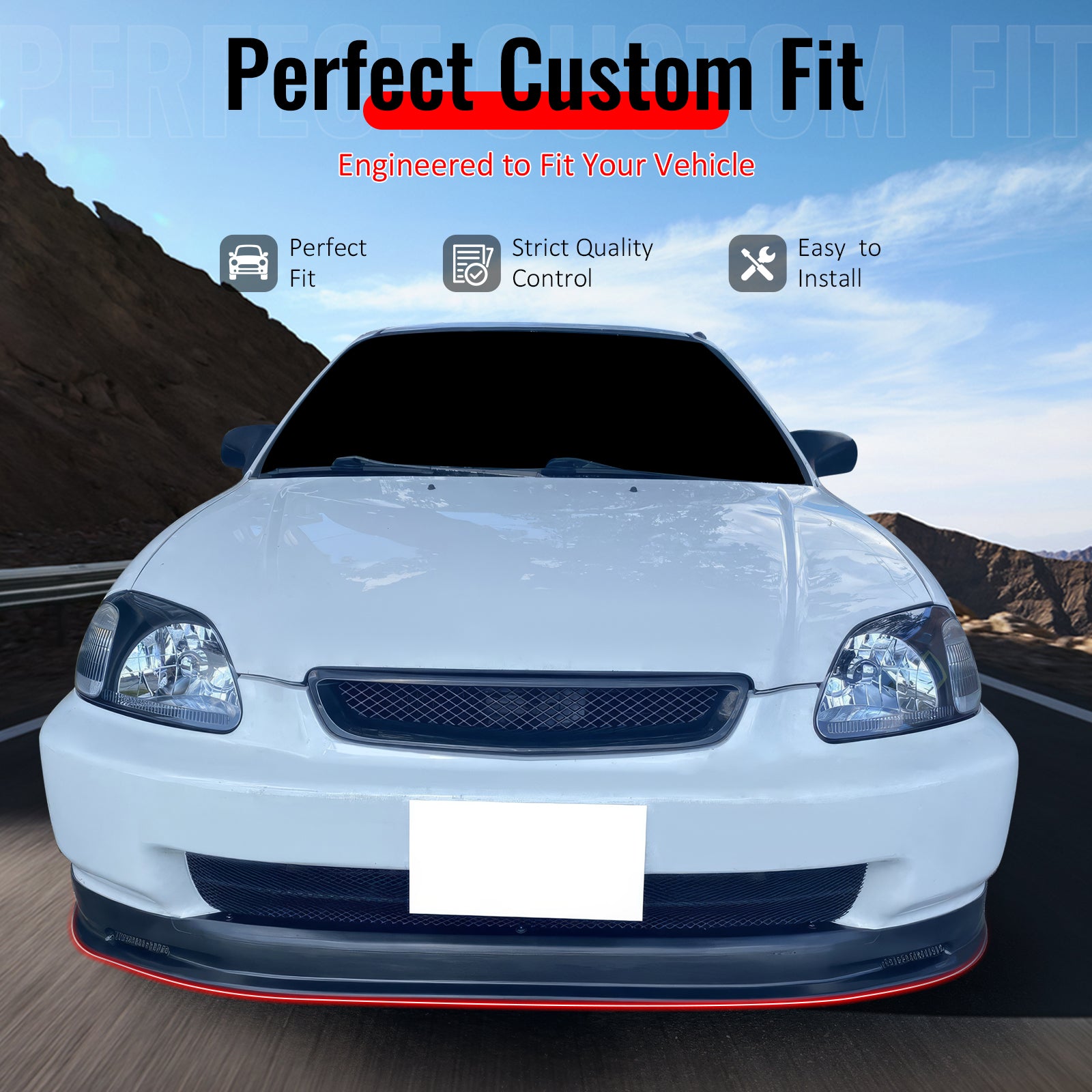 IKON MOTORSPORTS Front Bumper Lip + 2PC Rear Bumper Lip Valance Spats, Compatible with 1996-1998 Honda Civic EK 2/4 Door, Unpainted Black Polypropylene PP Air Dam Chin Spoiler Protector Splitter