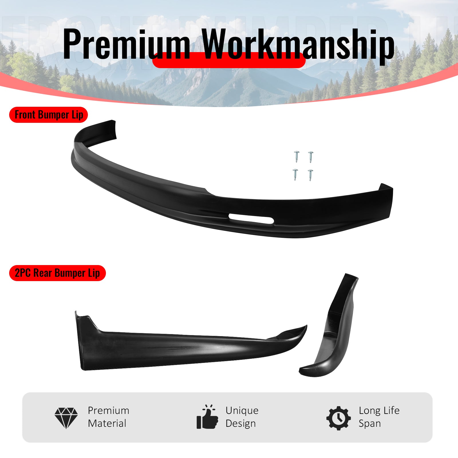 Fits 96-98 Honda Civic Mugen Style Front Bumper Lip PP + 2PCS Rear Bumper Aprons