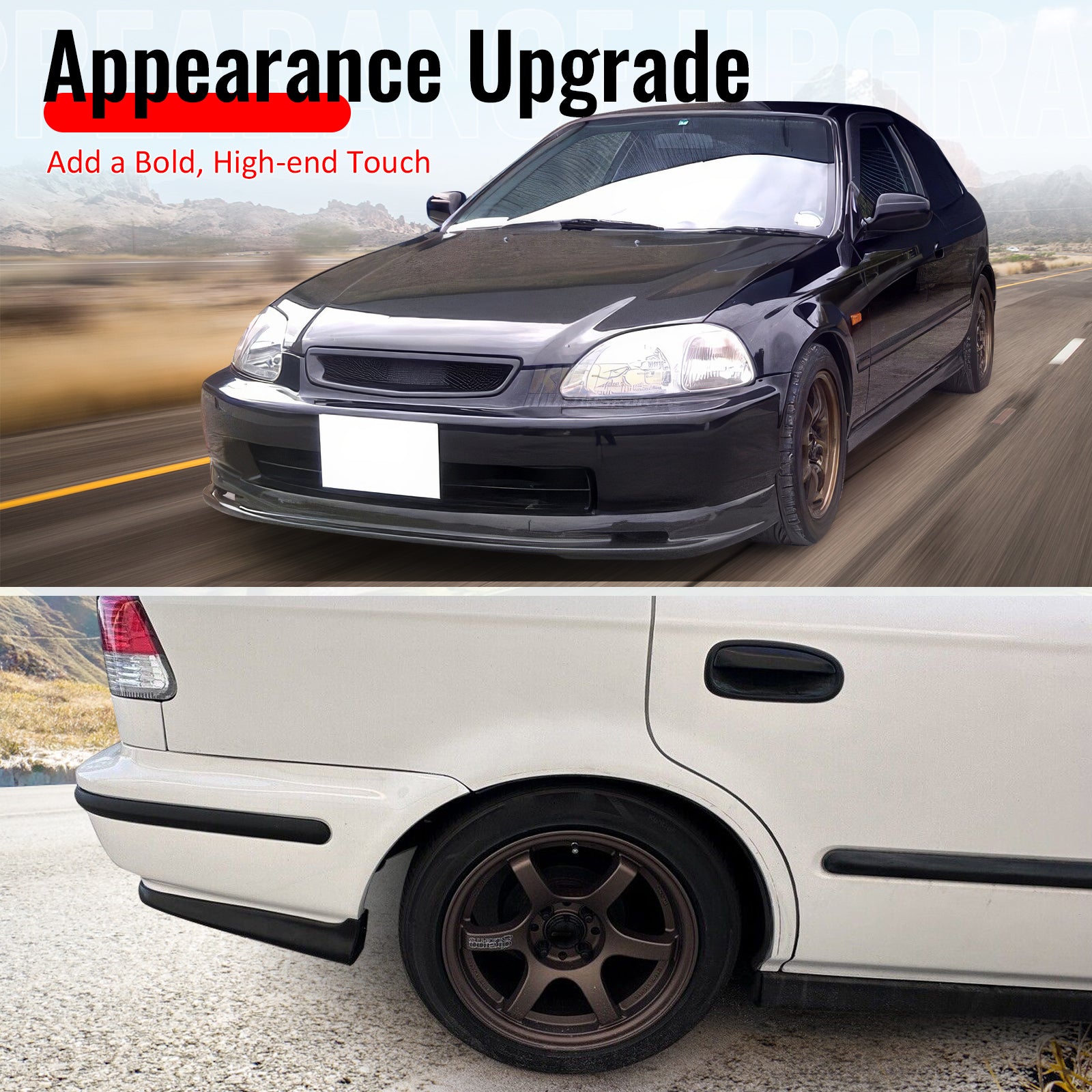 Fits 96-98 Honda Civic Mugen Style Front Bumper Lip PP + 2PCS Rear Bumper Aprons
