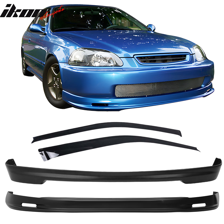 Fits 96-98 Honda Civic 3Dr Front + Rear Bumper Lip + Sun Window Visors