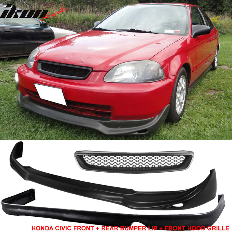 Fits 96-98 Honda Civic 2Dr/JUN Front Rear Bumper Lip + TR Front Grille