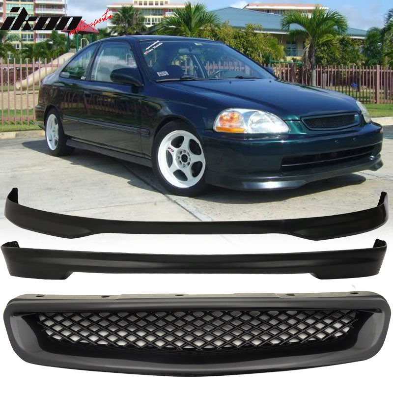 Fits 96-98 Honda Civic 3Dr TR Front + Rear Bumper Lip + Hood Grill