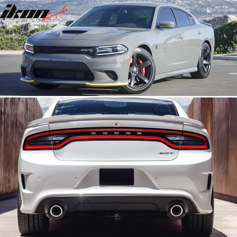 Full Bumper Cover Compatible With 2015-2023 Dodge Charger, Front Rear Bumper Lip Diffuser Guard Conversion Unpainted Black PP by IKON MOTORSPORTS, 2016 2017