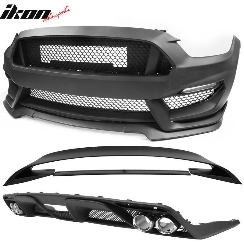 Front Bumper Conversion Compatible With 2015-2017 Ford Mustang, GT350 Style Unpainted Black PP Factory Material Front Lip Spoiler Diffuser Cover Guard by IKON MOTORSPORTS, 2016