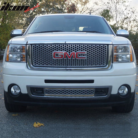 Grille Compatible With 2007-2013 GMC Sierra 1500 Denali, ABS Plastic Chrome Front Upper Hood Grille + Molding By IKON MOTORSPORTS, 2008 2009 2010 2011 2012