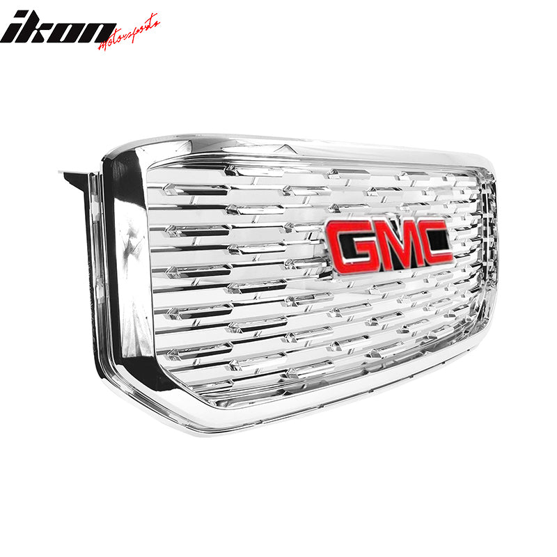 Fits 15-19 GMC Yukon Denali Style Front Upper Grille Chrome ABS + Red GMC Emblem