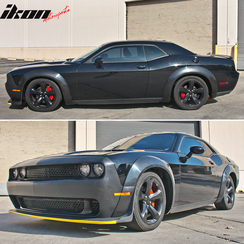Front Full Bumper Cover + Fender Flares Compatible With 2015-2023 Dodge Challenger, Unpainted Black PP by IKON MOTORSPORTS