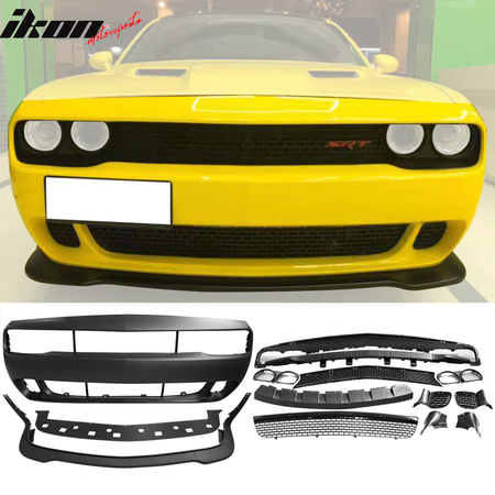 Hellcat Style Full Front Bumper Cover with Lip + Demon Style Fender Flares Compatible With 2015-2023 Dodge Challenger, Unpainted Black PP by IKON MOTORSPORTS