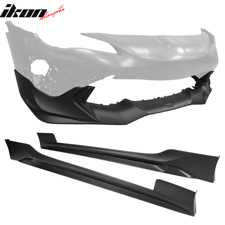 Front Bumper Lip + Side Skirts Extension Compatible With 2017-2020 Toyota 86, Black PP Polypropylene Front Lip Chin Spoiler Side Step Bar Add On By IKON MOTORSPORTS, 2018