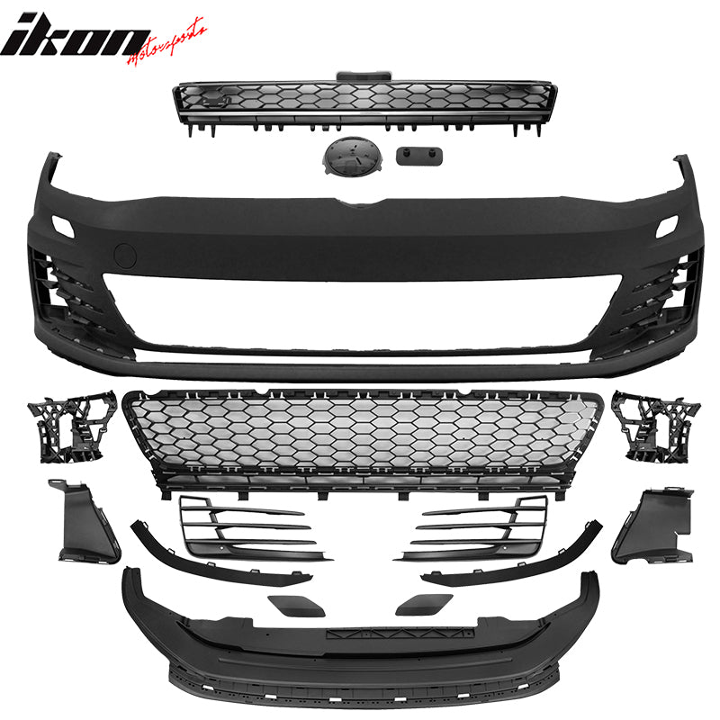 Front Bumper Cover + Grill Logo Badge Base Compatible With 2015-2016 Volkswagen Golf 7, MK7 GTI Type Front Bumper Conversion Body Kit Mesh Grille Trim by IKON MOTORSPORTS