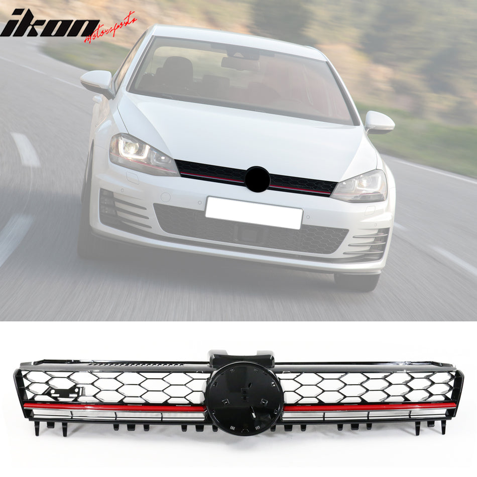 Front Bumper Cover + Hood Grille Compatible With 2015-2017 Volkswagen Golf 7, MK7 GTI Type Front Bumper Conversion Fog Cover Mesh Grille Guard Red Trim by IKON MOTORSPORTS