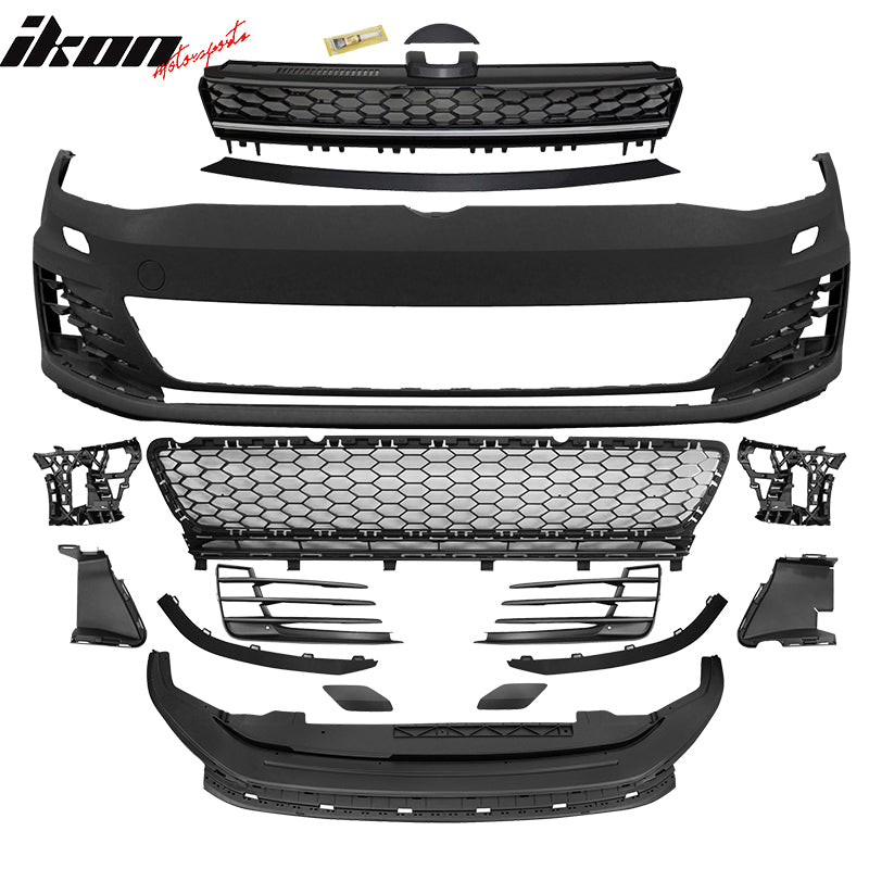 Front Bumper Cover + Mesh Grille Compatible With 2015-2017 Volkswagen Golf 7, MK7 GTI Type Front Bumper Cover Conversion Grille Guard Trim by IKON MOTORSPORTS, 2016