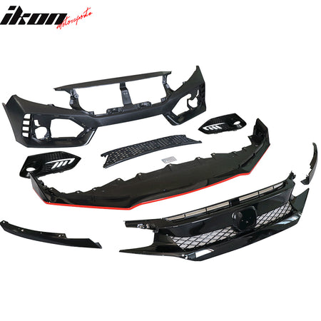 Fits 16-18 Honda Civic Type-R Style Front Bumper + Grille + Lip + Foglight Cover