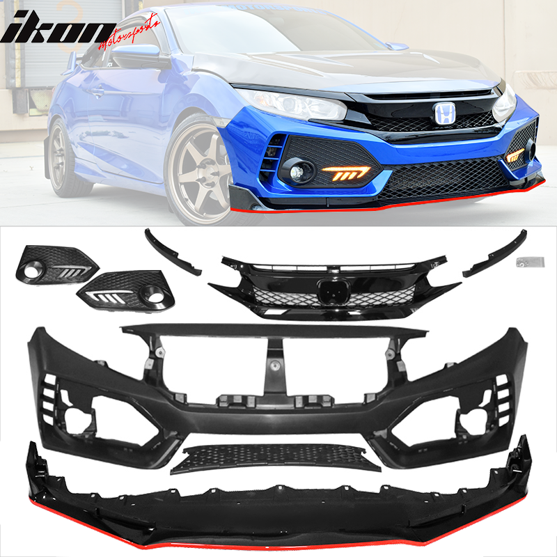 Fits 16-18 Honda Civic TR Front Bumper + Grille + Lip + Foglight Cover