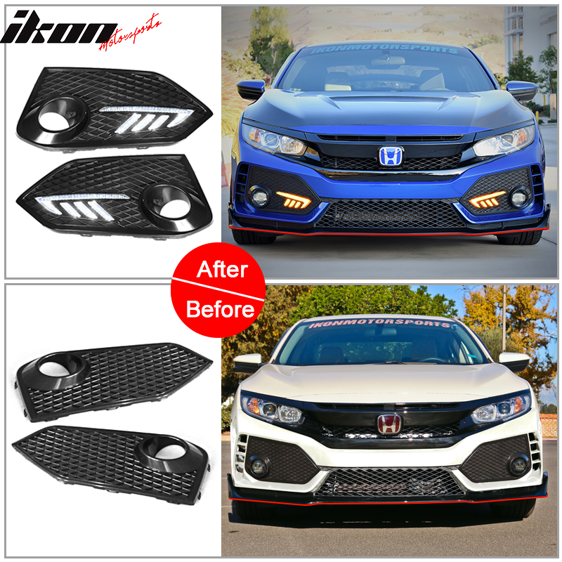 IKON MOTORSPORTS Front Bumper + Lip+ Grille Compatible With 2016-2018 Honda Civic, TR Black PP Injection & ABS 10th Gen Hood Bull Protection Boykits