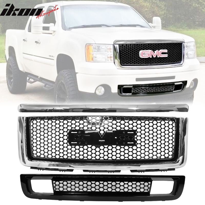 Compatible With 07-13 GMC Sierra 1500 Denali Hood Molding + Front Lower + Upper Grille
