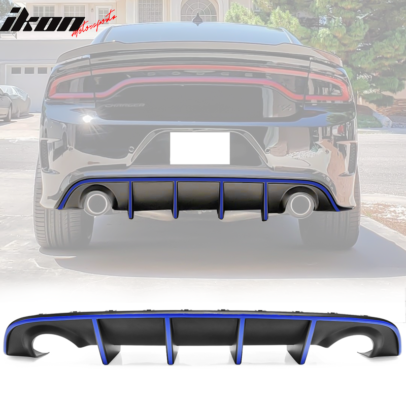 IKON MOTORSPORTS Rear Diffuser Compatible With 2015-2023 Dodge Charger SRT, Factory Style Bumper Lip Spoiler with Reflective Tape White & Blue & Yellow & Red