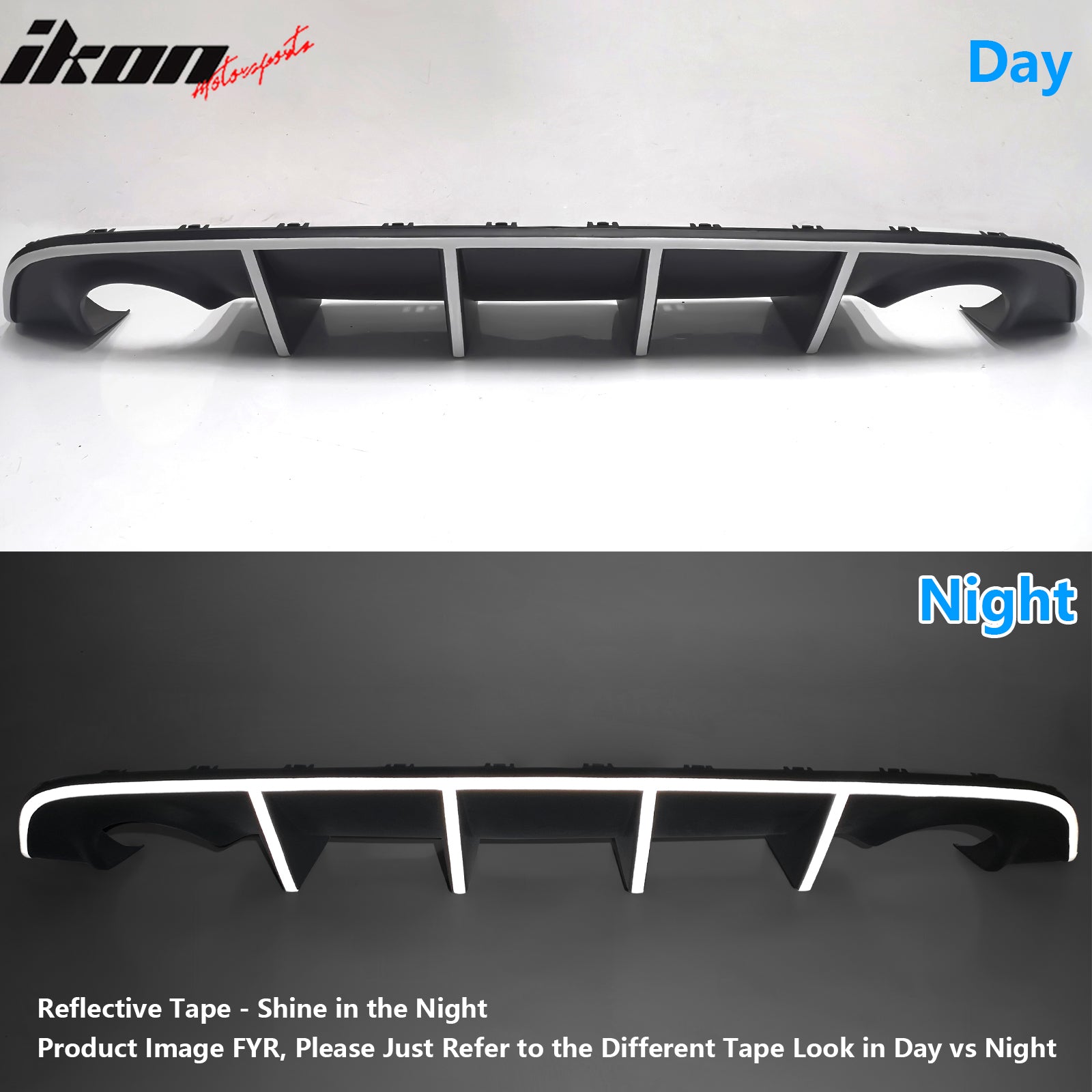 IKON MOTORSPORTS, Rear Diffuser w/ Reflective Tape Compatible With 2012-2014 Dodge Charger SRT8, V2 Style PP Splitter Spoiler Valance Chin Bumper Lip Bodykit with Safety Tape, 2013