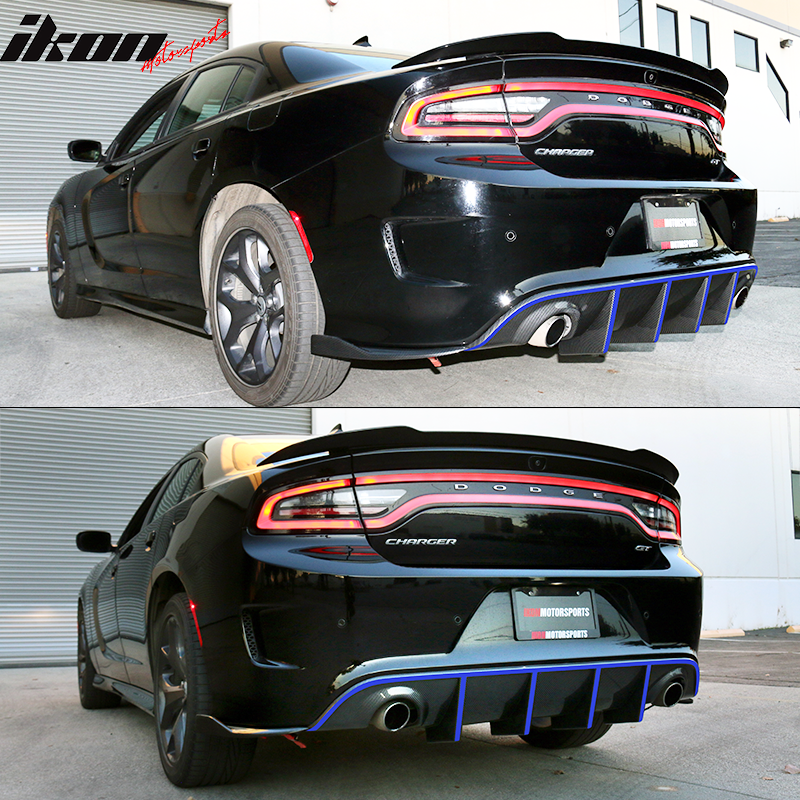 IKON MOTORSPORTS Bumper Lip Spoiler Compatible With 2015-2023 Dodge Charger SRT, Factory Style Rear Diffuser with Reflective Tape