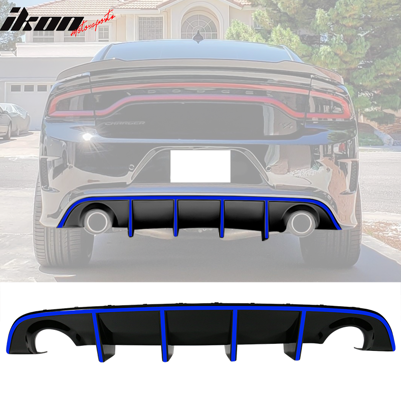 IKON MOTORSPORTS Rear Diffuser Compatible With 2015-2023 Dodge Charger SRT, Factory Style Gloss Black Bumper Lip Spoiler with Reflective Tape White & Blue & Yellow & Red