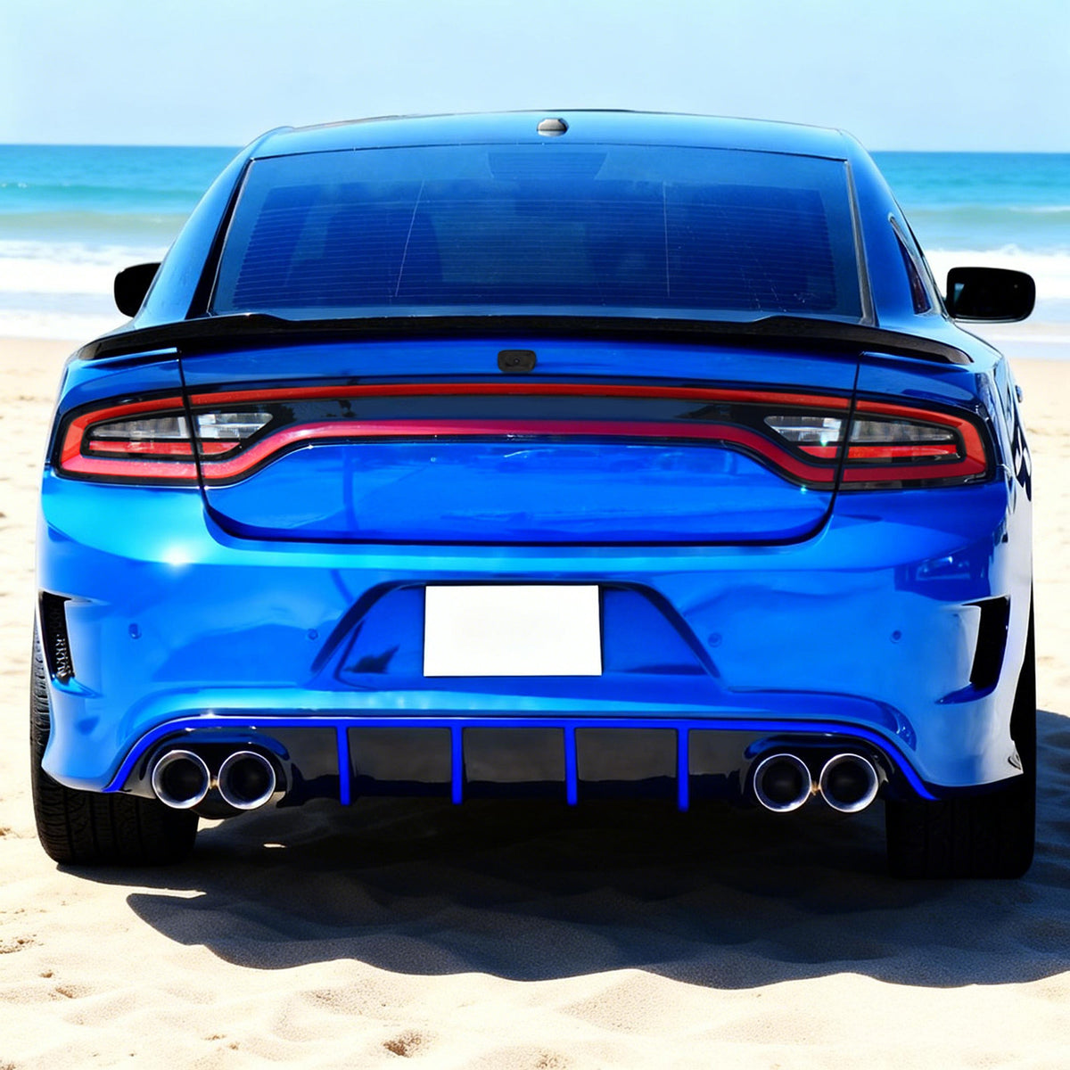 IKON MOTORSPORTS Bumper Lip Spoiler Compatible With 2015-2023 Dodge Charger SRT, Quad Exhaust Rear Diffuser with Blue Reflective Tape