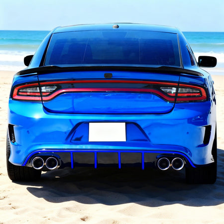 IKON MOTORSPORTS Bumper Lip Spoiler Compatible With 2015-2023 Dodge Charger SRT, Quad Exhaust Rear Diffuser with Blue Reflective Tape