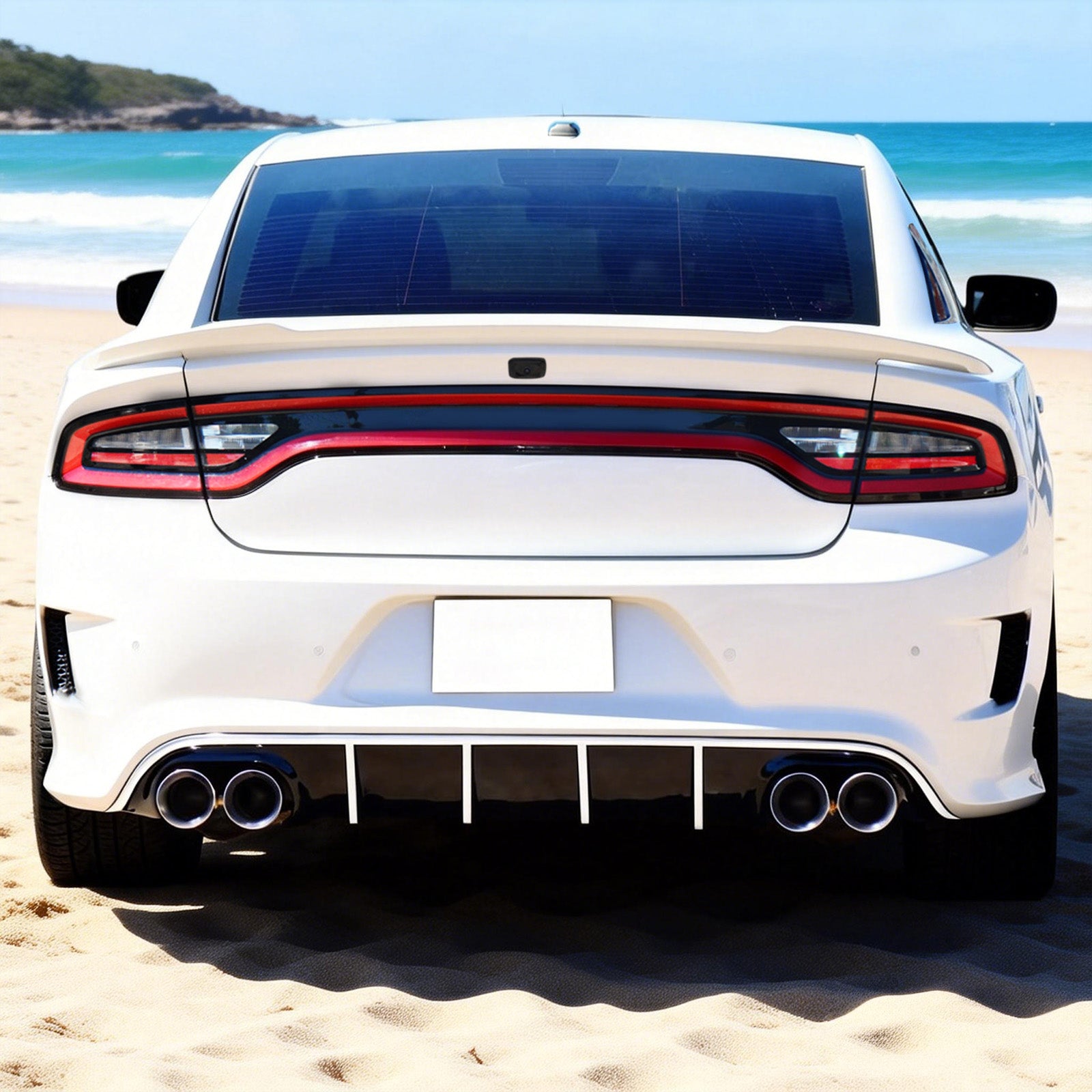 IKON MOTORSPORTS Bumper Lip Spoiler Compatible With 2015-2023 Dodge Charger SRT, Quad Exhaust Rear Diffuser with White Reflective Tape