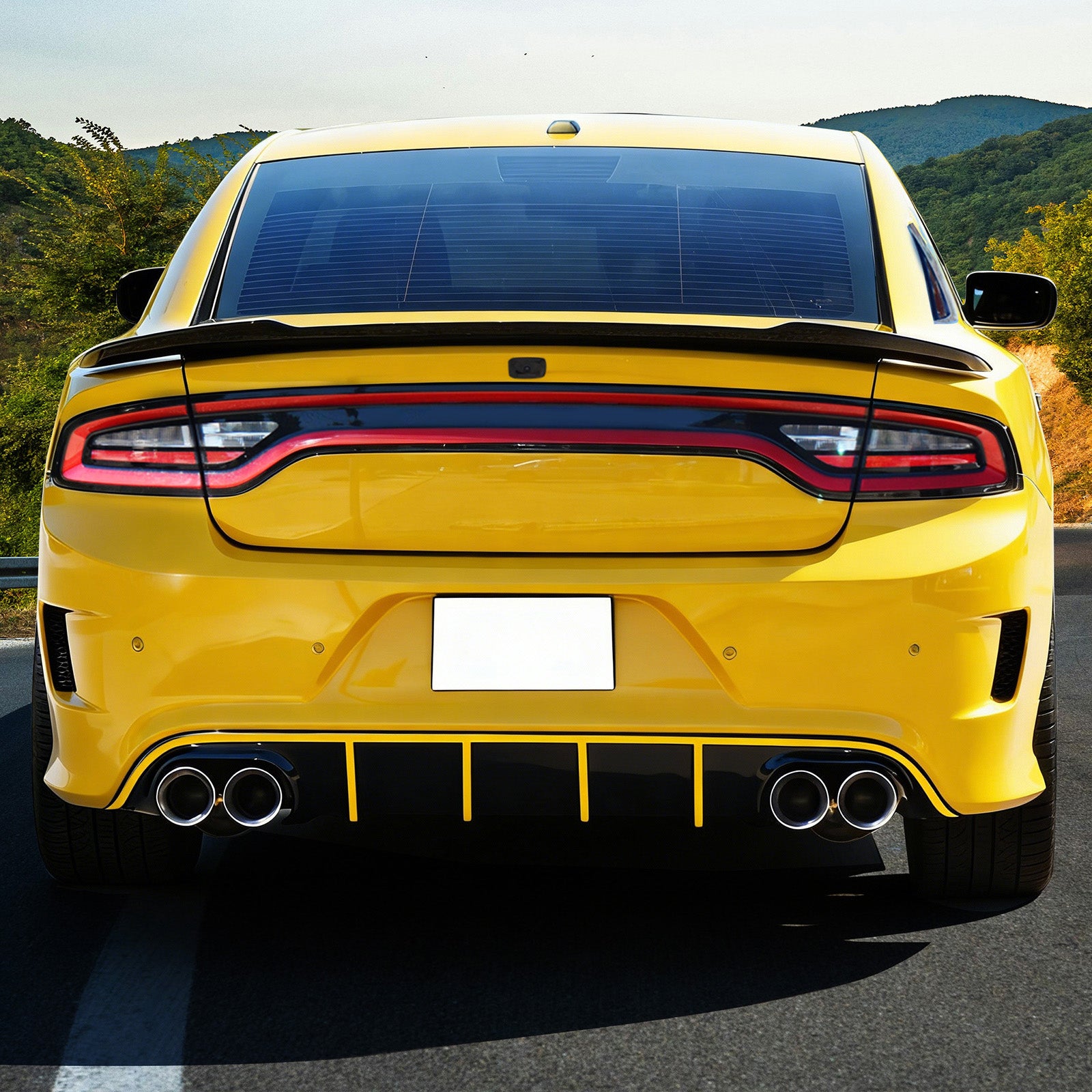 IKON MOTORSPORTS Bumper Lip Spoiler Compatible With 2015-2023 Dodge Charger SRT, Quad Exhaust Rear Diffuser with Yellow Reflective Tape