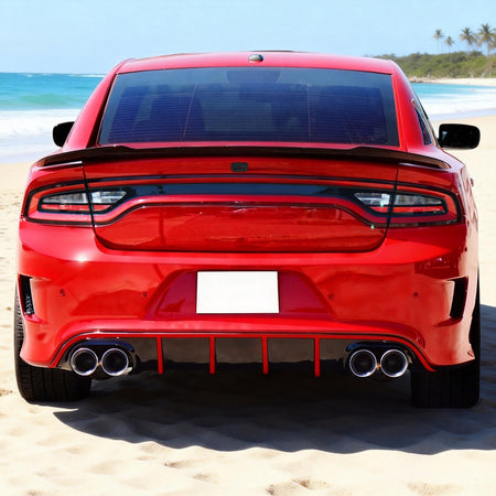 IKON MOTORSPORTS Bumper Lip Spoiler Compatible With 2015-2023 Dodge Charger SRT, Quad Exhaust Rear Diffuser with Red Reflective Tape