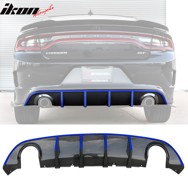 IKON MOTORSPORTS Rear Diffuser Compatible With 2015-2023 Dodge Charger SRT, V3 Style Gloss Black Bumper Lip Spoiler with Reflective Tape White & Blue & Yellow & Red