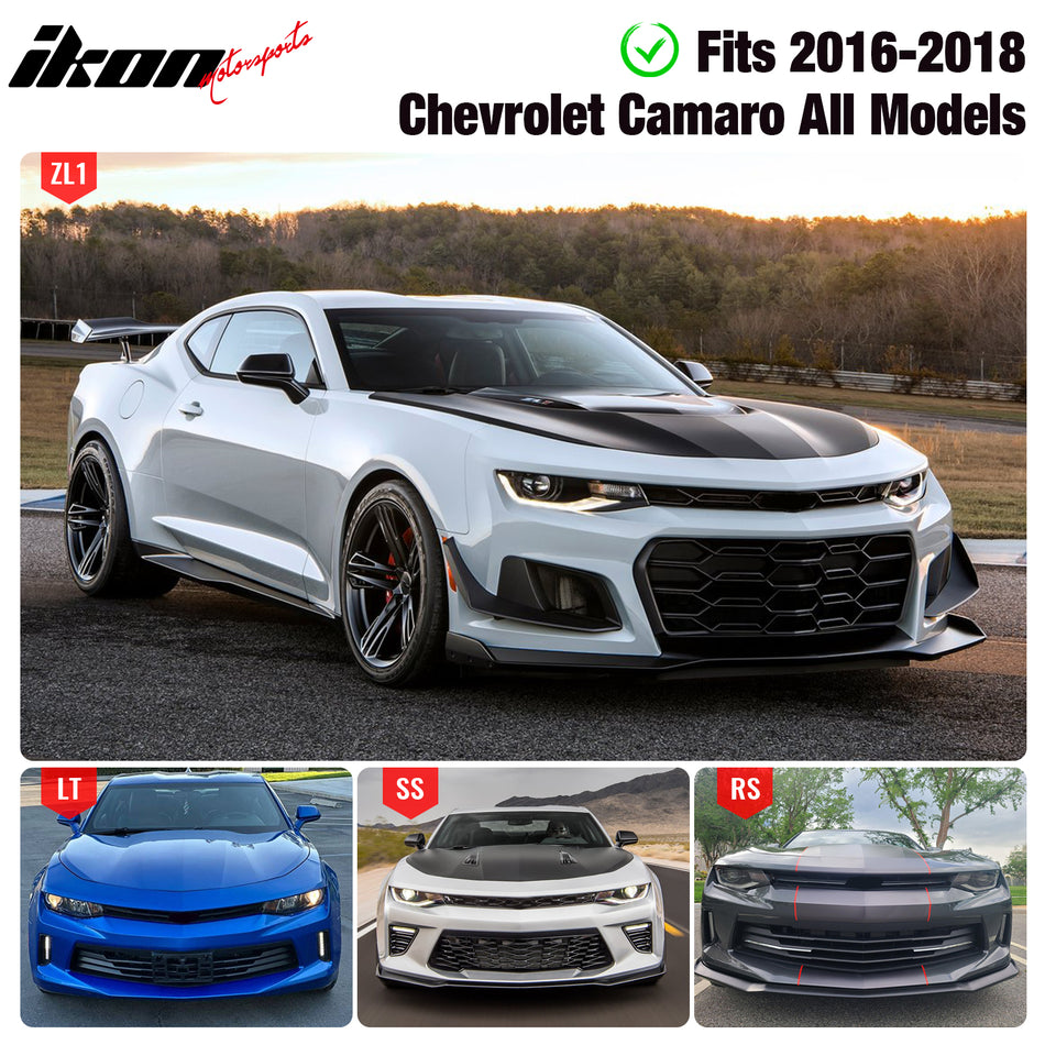 Front Bumper Compatible With 2016-2024 Chevrolet Camaro, 1LE Style Black PP Cover Conversion Lip Grille Grill Bodykit Replacement by IKON MOTORSPORTS, 2017 2018 2019 2020 2021 2022 2023