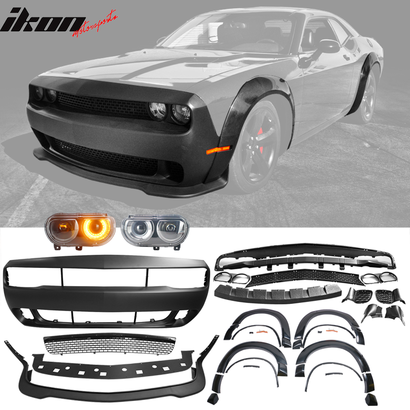 Fits 08-14 Challenger Front Bumper + Lip + Fender Flares + Headlights