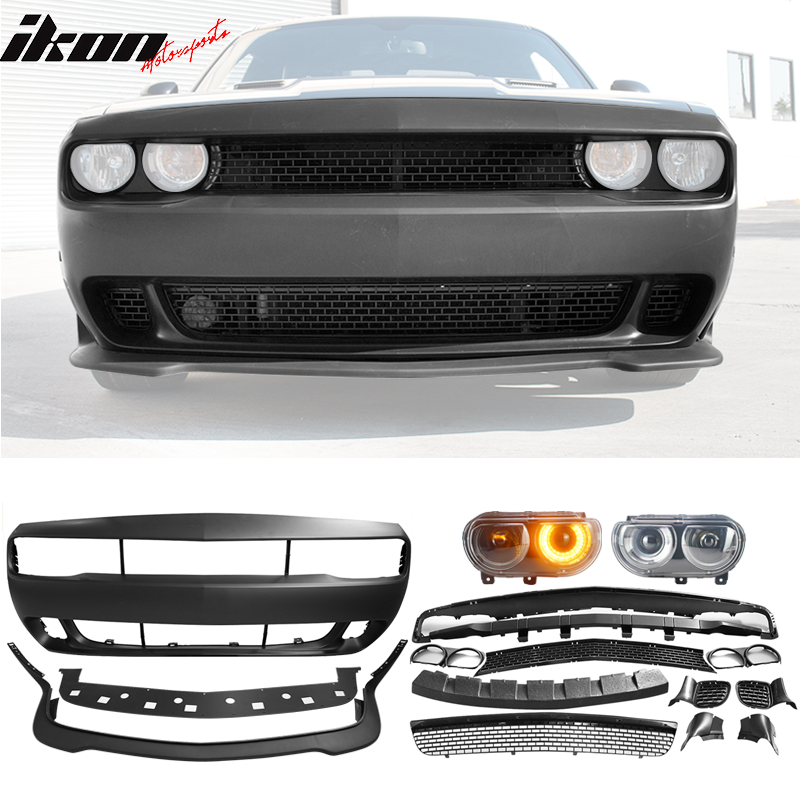 Fits 08-14 Dodge Challenger Front Bumper & SRT Front Lip & Headlights