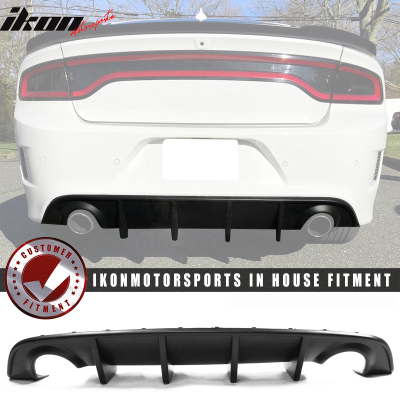 IKON MOTORSPORTS, Rear Bumper Kit Compatible With 2015-2023 Dodge Charger, Rear Bumper Guard Conversion Rear Diffuser Lip Unpainted Black PP