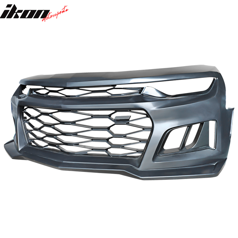 IKON MOTORSPORTS, Front Bumper Compatible With 2019-2023 Chevy Camaro, ZL1 Style Unpainted Black PP Bumper Cover Conversion Guard W/Lip Grille Grill Bodykit Replacement