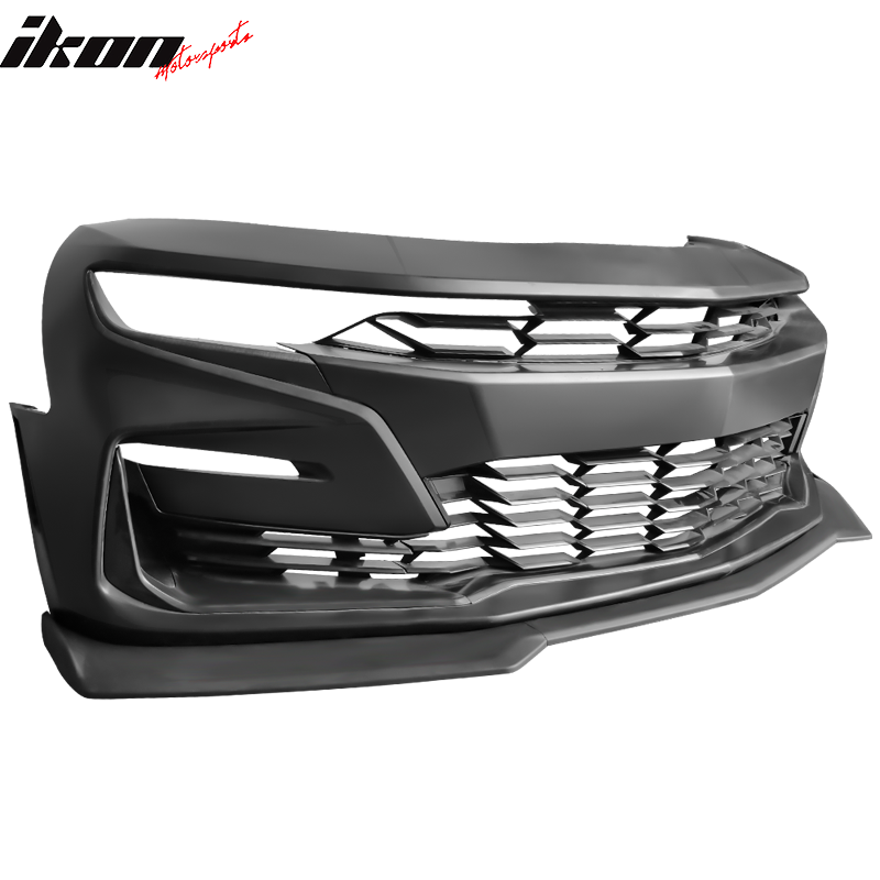 IKON MOTORSPORTS, Front Bumper Compatible With 2019-2023 Chevy Camaro,SS Style Unpainted Black PP Bumper Cover Conversion Guard w/ Matte Black Front Bumper Lip Bodykit ABS