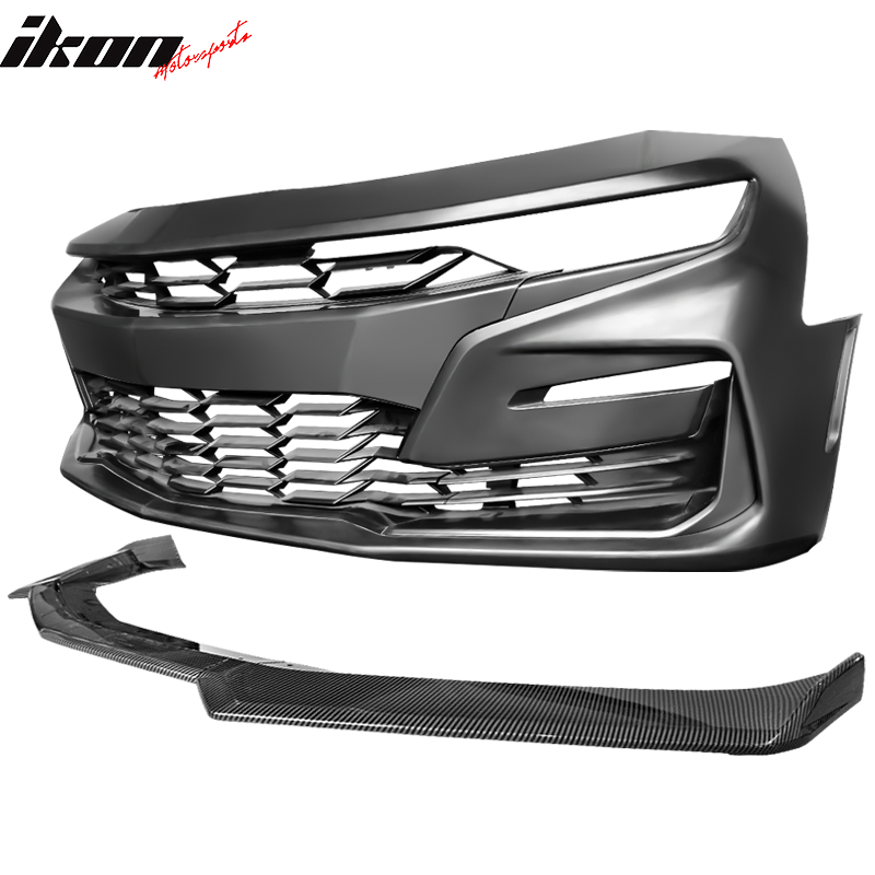 IKON MOTORSPORTS, Front Bumper Compatible With 2019-2023 Chevy Camaro,SS Style Unpainted Bumper Cover Conversion Guard PP With Carbon Fiober Print CFL Front Bumper Lip Bodykit ABS