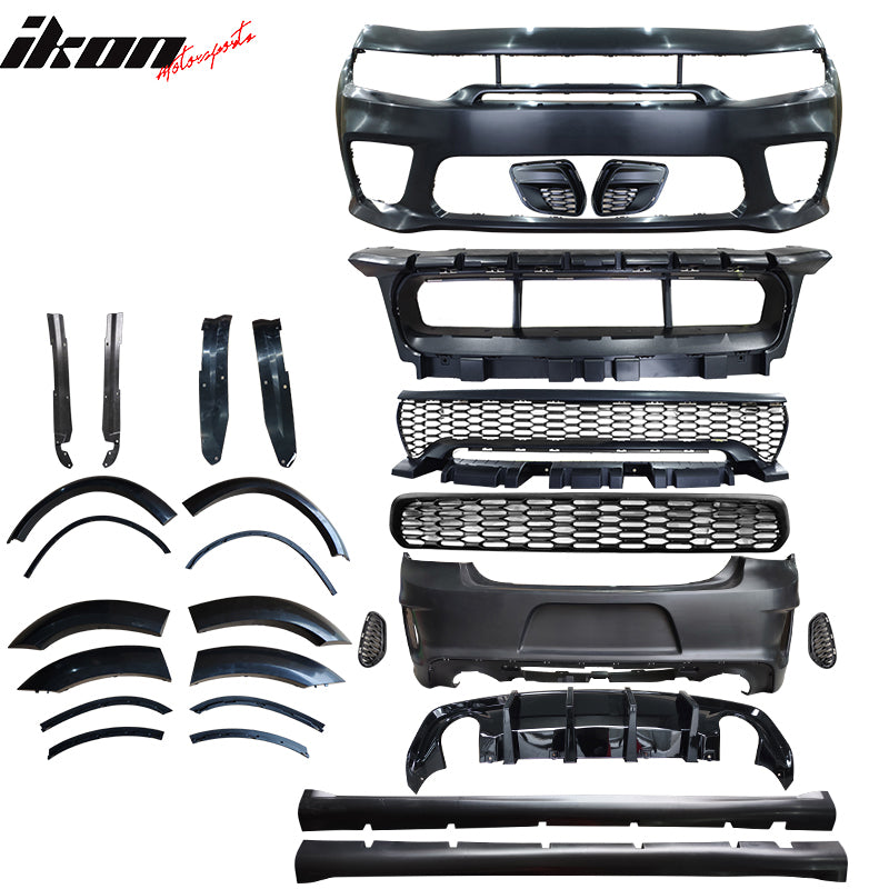 IKON MOTORSPORTS, Whole Kits Compatible with 2015-2023 Dodge Charger, Widebody Style Front Rear Bumper Grille Side Skirts Fender Flare IKON Style Gloss Black Diffuser Whole Bodykits