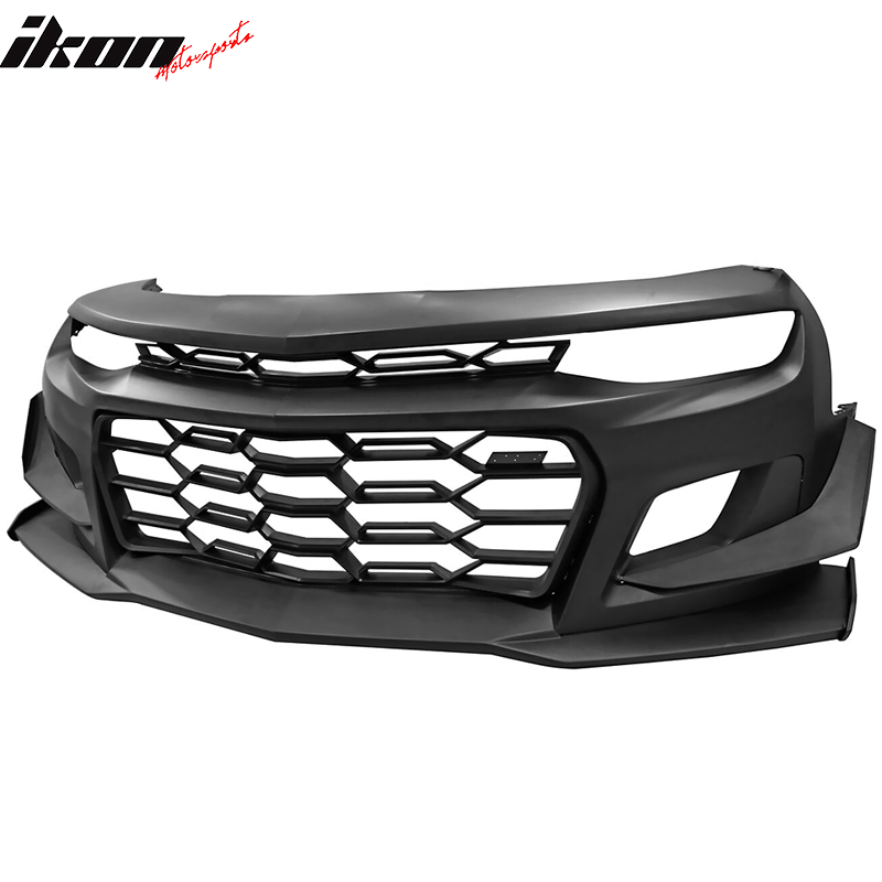 IKON MOTORSPORTS, Front Bumper Cover Compatible With 2019-2023 Chevy Camaro, 1LE Style Unpainted Black PP Bumper Cover Conversion Guard W/Lip Grille Grill Bodykit Replacement