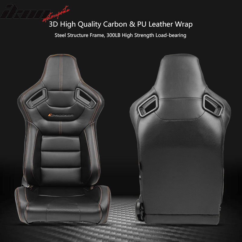 Universal 2PC Reclinable Racing Seat Dual Slider Belt Black PU Carbon Leather