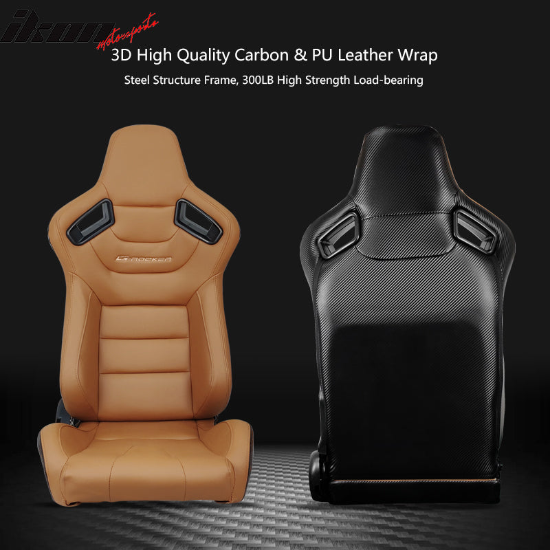 Universal Reclinable Racing Seat Dual Slider + 6 Point Cam-lock Belt x2 Brown PU