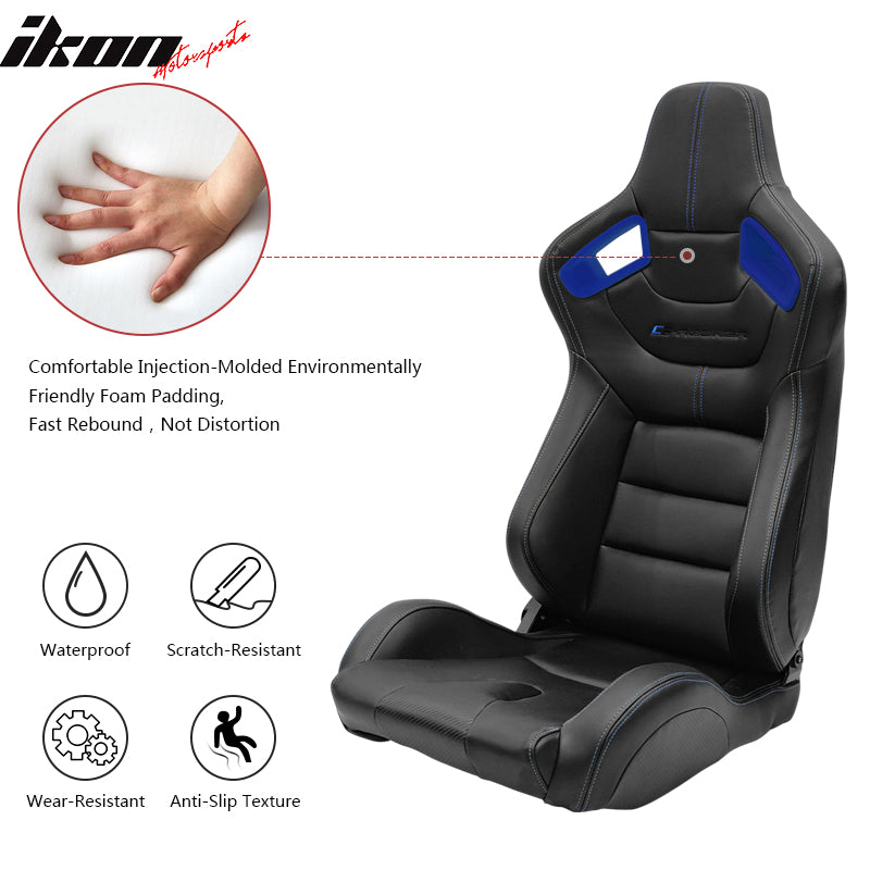 Universal Adjust Racing Seat PU Carbon Blue Bezel & Dual Slider Cam-lock Belt x2