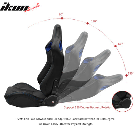 Universal Adjust Racing Seat PU Carbon Blue Bezel & Dual Slider Cam-lock Belt x2